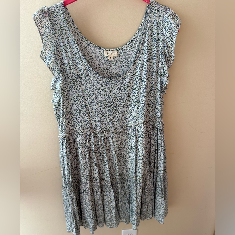 POL Floral Mini Dress tiered Cottagecore Peasant Boho blue green size Small
